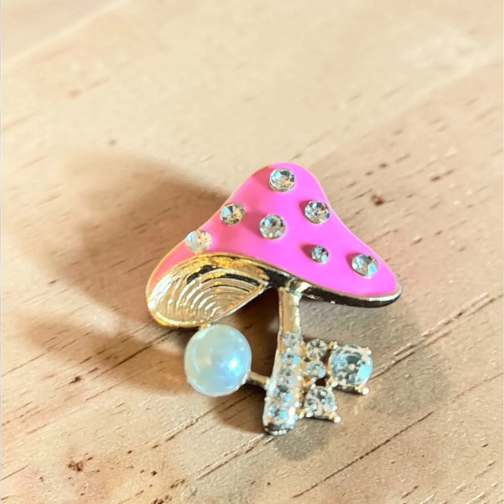 Pink Enamel Mushroom Brooch with‎ Rhinestones